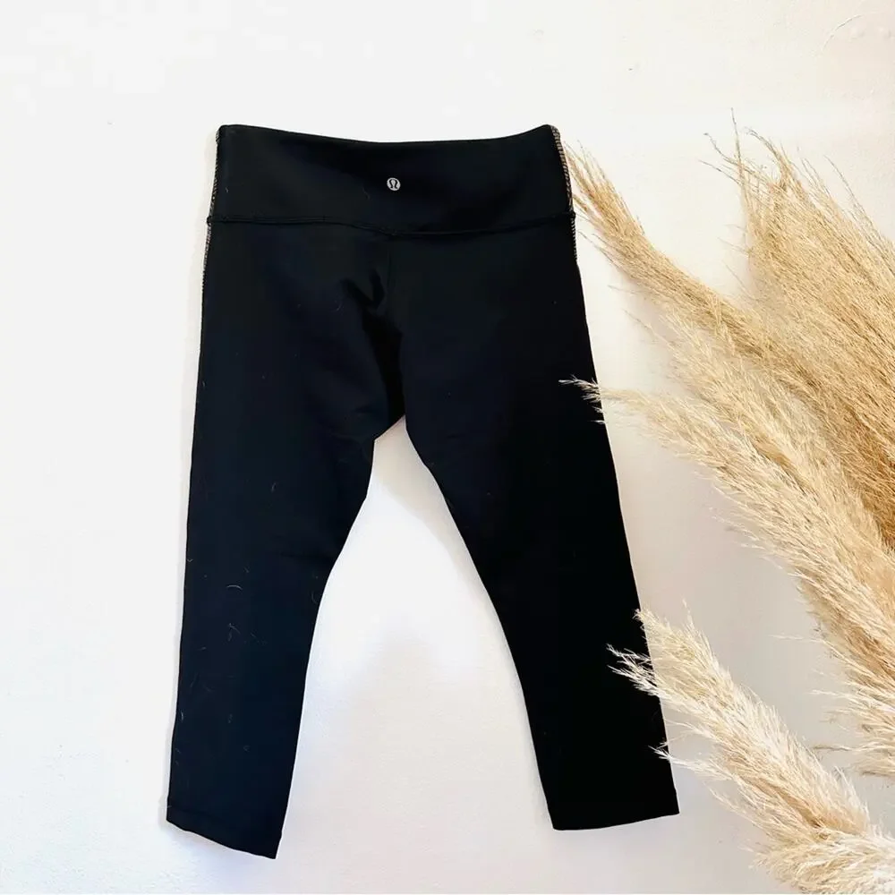 LULULEMON Wunder Under Crop II Golden Goddess Bead Envy Black Low Rise Legging 6